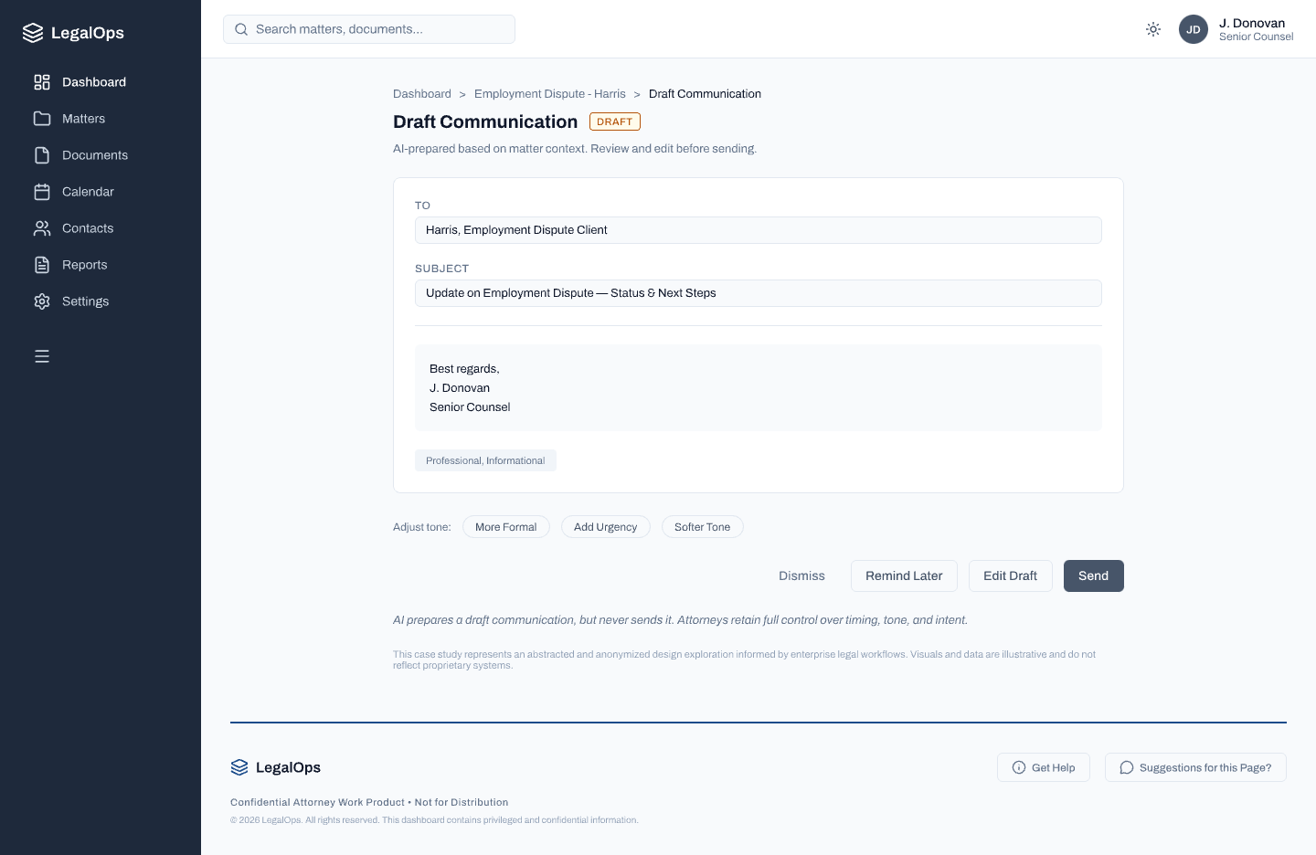 LegalOps draft communication view — AI-prepared email, tone controls, Dismiss / Remind Later / Edit Draft / Send options